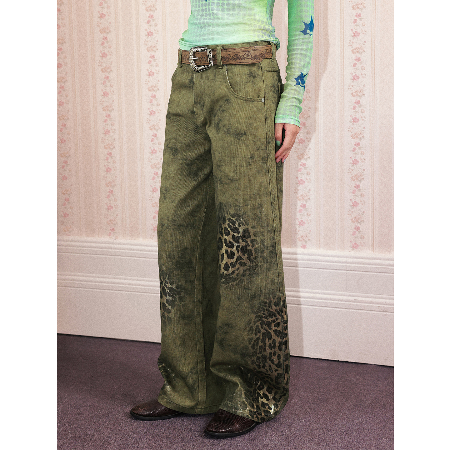 化学少女「午夜棕榈」纯棉水洗绿色豹纹牛仔长裤弯刀裤美式秋冬女