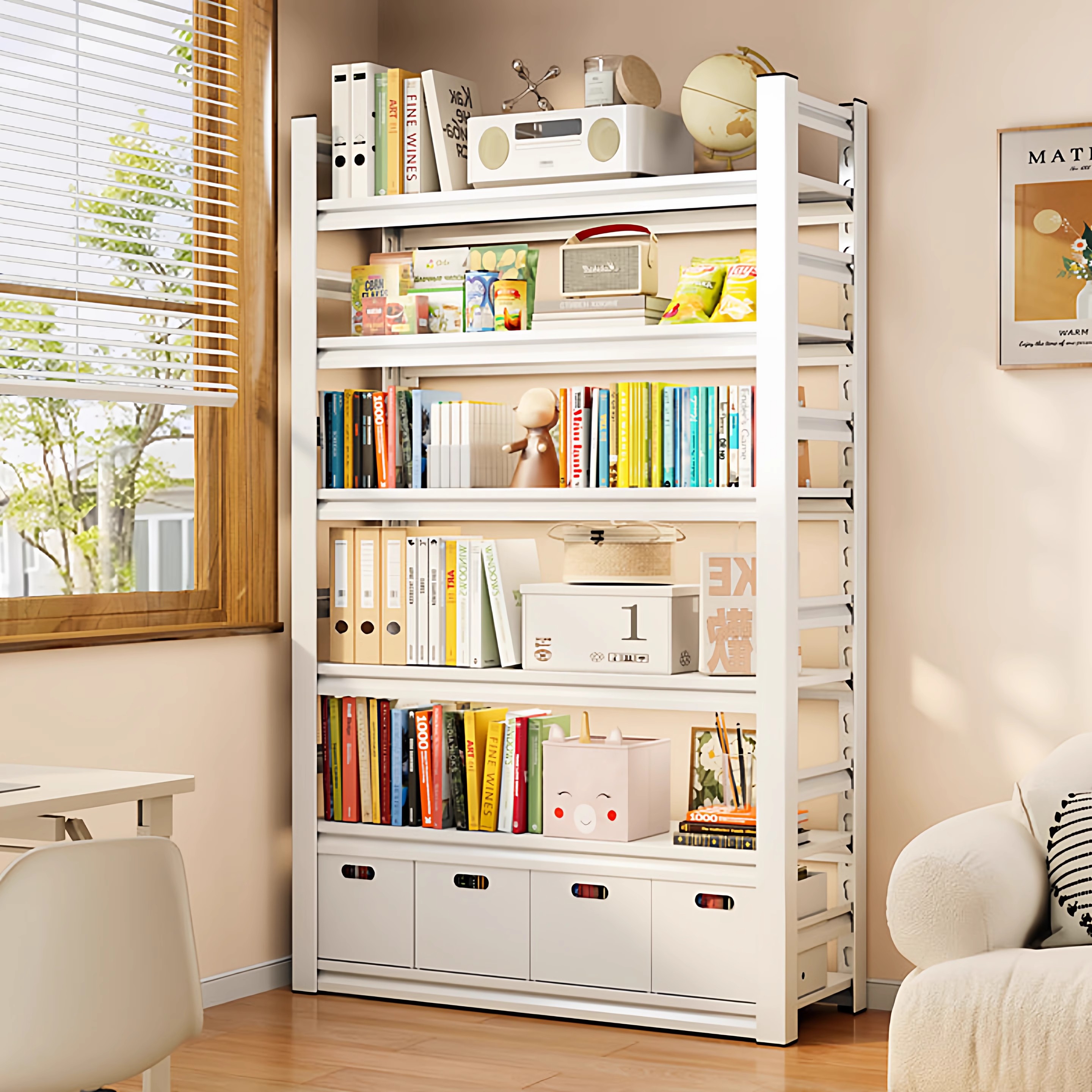 钢制家用书架落地可调节置物架儿童多层书柜简易一体靠墙收纳架子