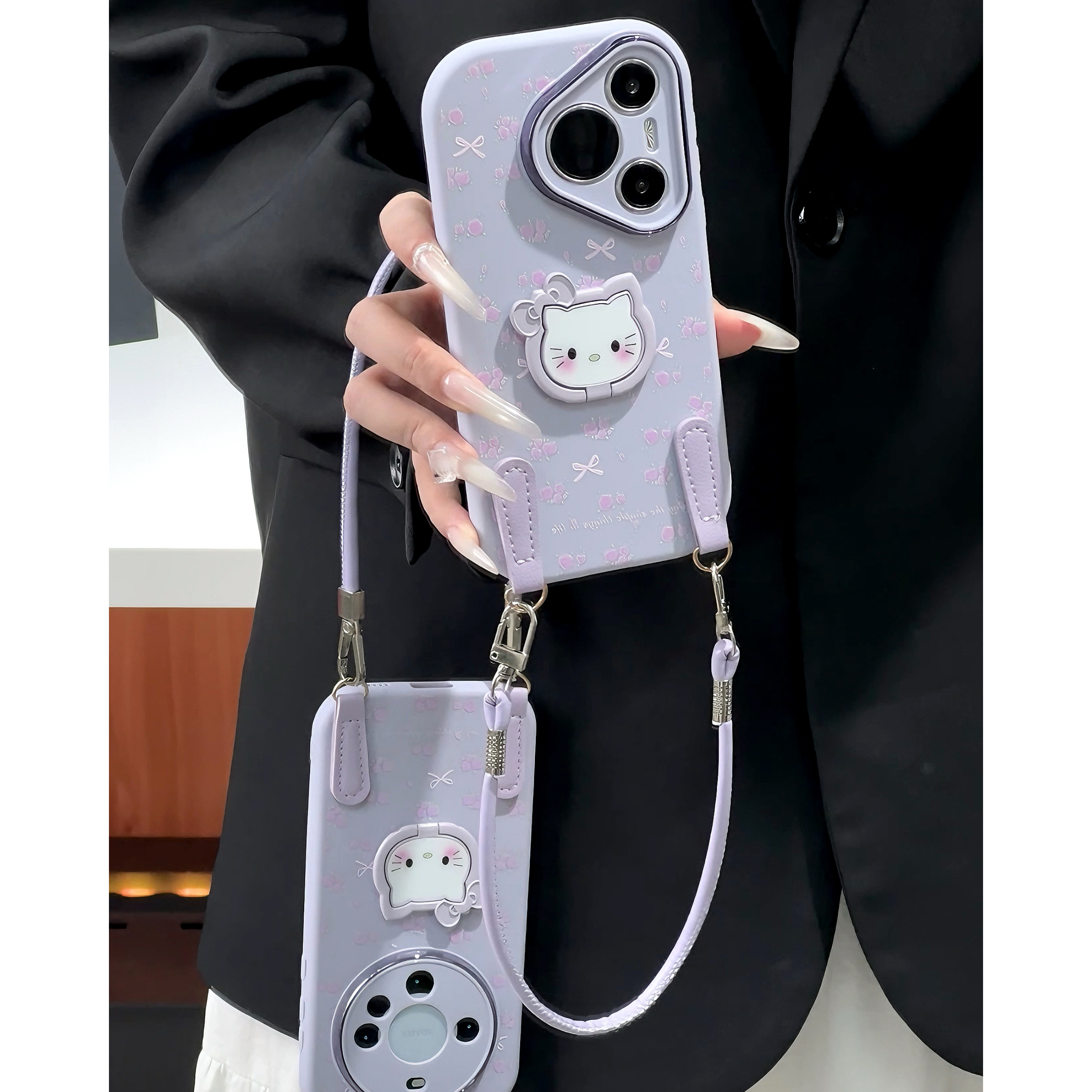 温柔紫色碎花kitty支架挂绳适用苹果17/15手机壳华为vivoppo小米