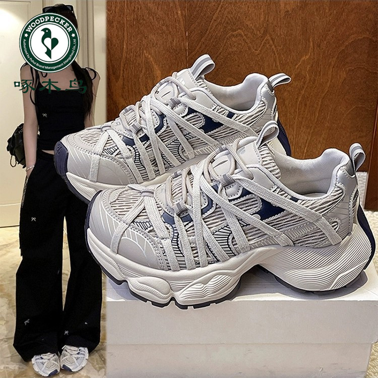 啄木鸟厚底绑带老爹鞋女夏秋季小个子增高显瘦百搭轻便运动休闲鞋