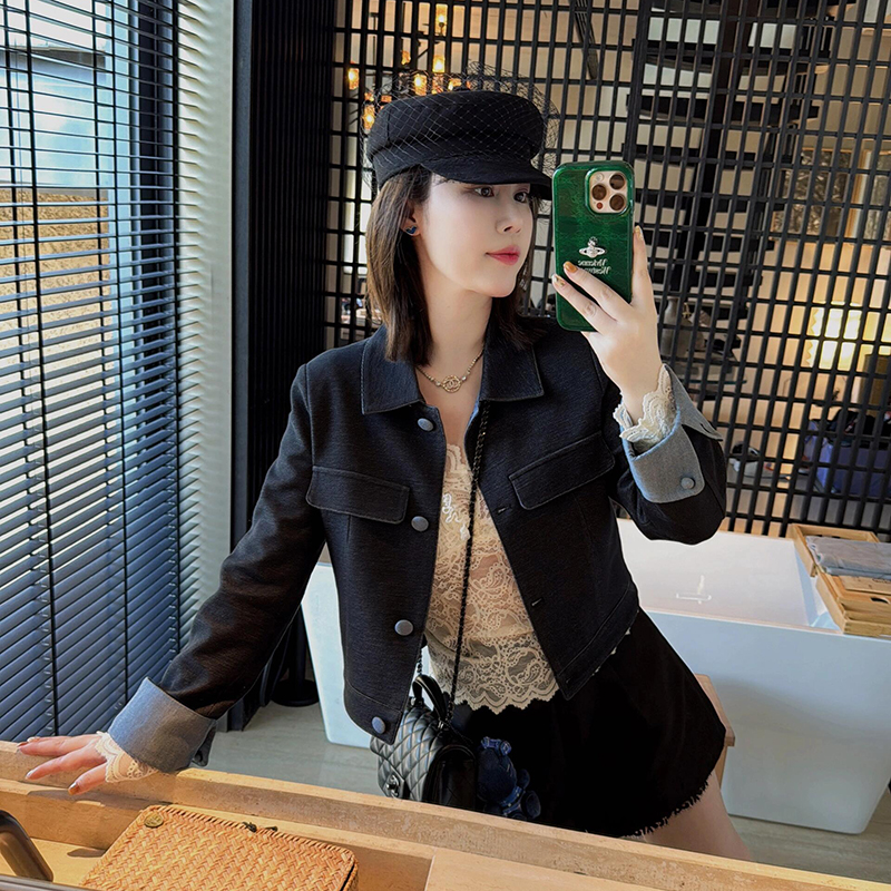 小香风单宁秋季牛仔短外套女2025新款高级感羊毛撞色长袖上衣春秋