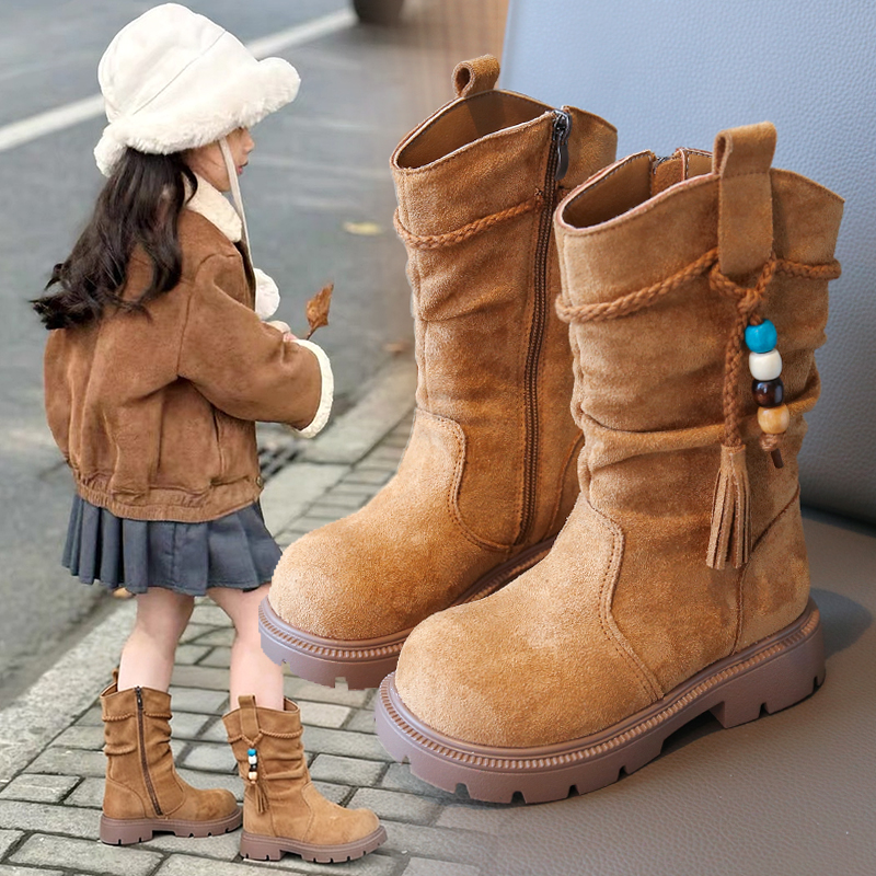 ABC女童靴子2025新款秋冬加绒儿童复古高筒长靴中大童时尚马丁靴