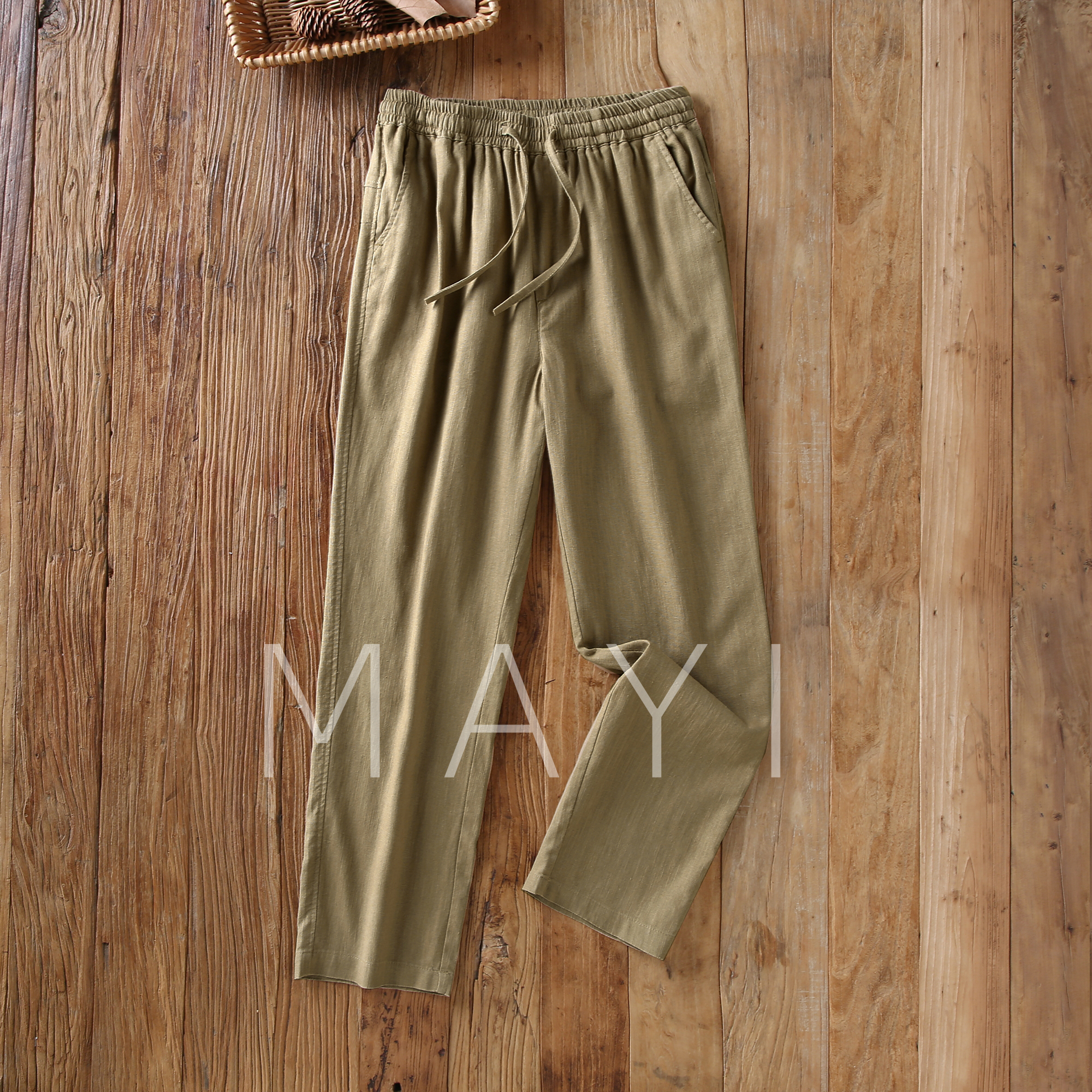 春秋男士纯色亚麻松紧系带休闲裤宽松透气舒适棉麻布料长裤男裤子