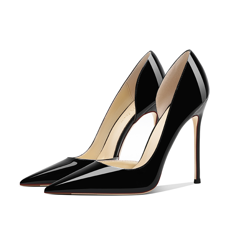 侧空高跟鞋女细跟2025新款漆皮性感气质黑色尖头百搭裸色工作单鞋