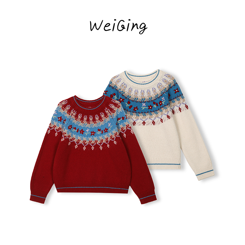 【丹姐家~花朵费尔岛毛衣】100%羊毛！软糯复古韩系针织套头毛衣