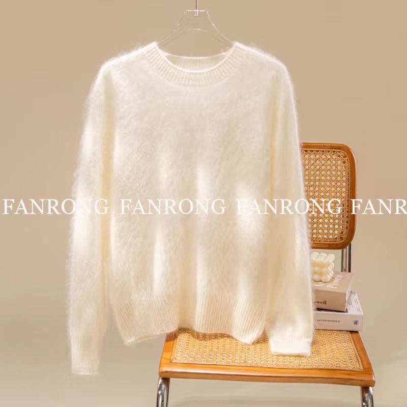 正品【100%拉绒】长毛山羊绒衫冬季纯色宽松版女圆领新款百搭打底衫