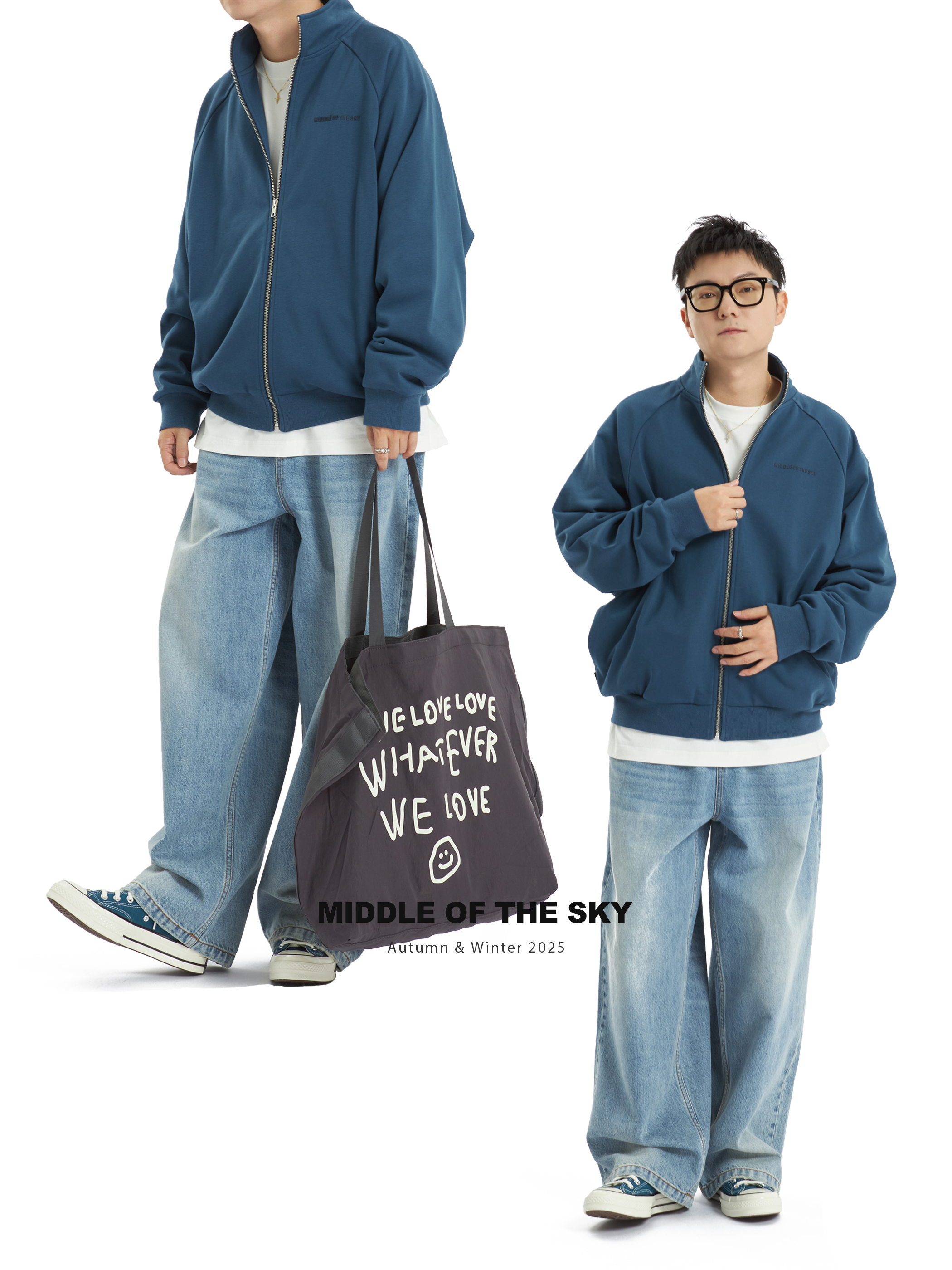 MIDDLE OF THE SKY秋季简约百搭宽松运动印花拉链立领卫衣外套