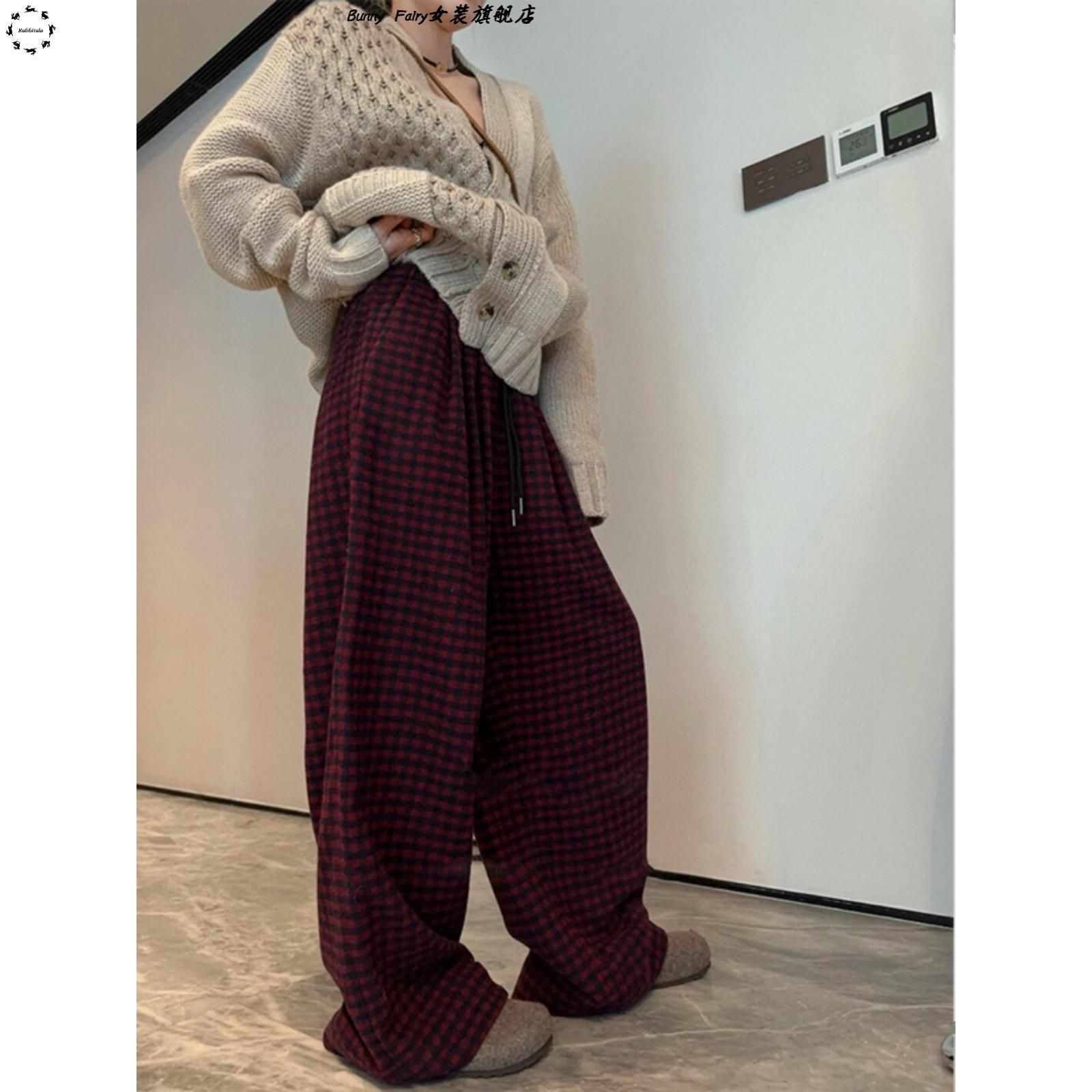 小众设计款时髦慵懒风撞色格子纹裤子秋冬新款苏格兰风情拖地长裤