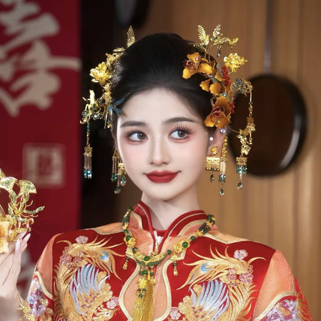 君心家 2-4金绿花朵发钗龙凤褂小五福新娘饰品结婚秀禾头饰