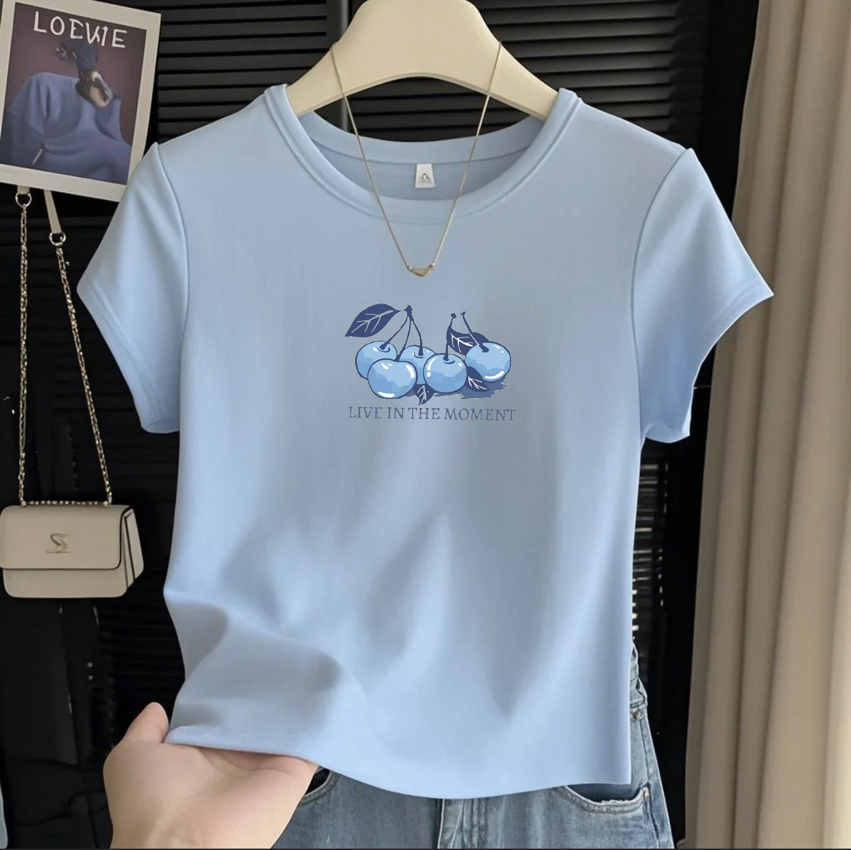 趣味蓝色圆领正肩显瘦短袖遮肉显白修身猫咪印花螺纹棉弹力t恤