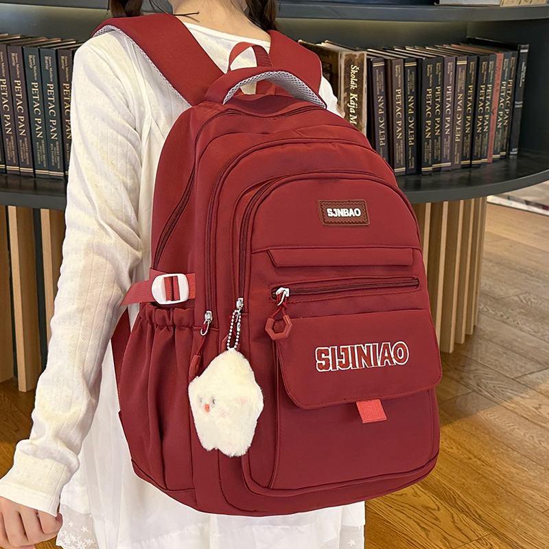 红色书包女韩版高中学生初中生大容量背包日系简约百搭旅行双肩包