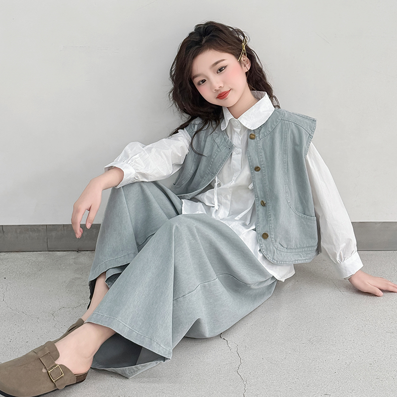 女大童牛仔马甲套装2025春秋季新款女孩花边洋气时髦阔腿裤三件套