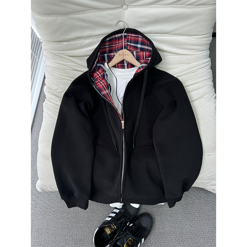 美式复古重磅格子拼接卫衣男款慵懒风连帽外套宽松休闲大帽檐上衣