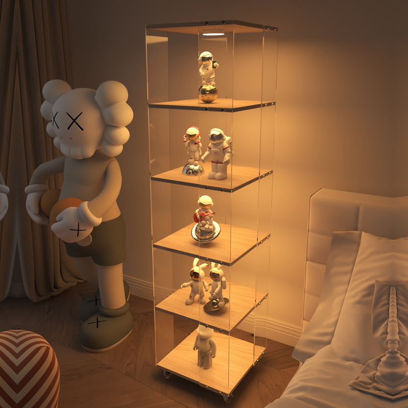 亚克力旋转书架落地置物架一体靠墙可移动手办展示柜实木转角柜