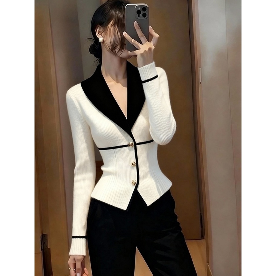 黑白拼接针织上衣女秋冬季巨好看小众不撞款气质高端掐腰毛衣外套