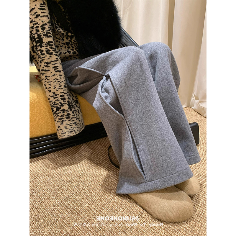 耶古时髦浅灰色毛呢拖地阔腿裤女秋冬季无腰头休闲裤垂感宽松长裤