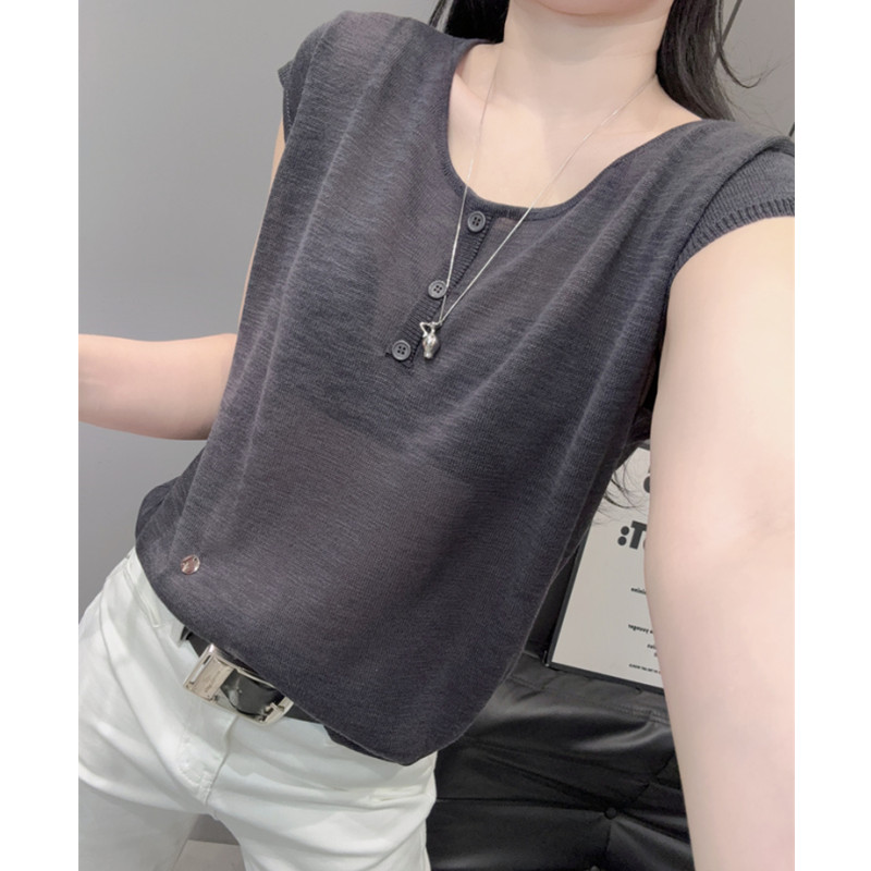 高级感洋气冰丝针织衫短袖女时尚纽扣宽松薄款显瘦遮肚子上衣夏季