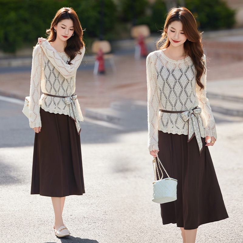 韩系气质镂空针织罩衫套装女2025早秋新款时尚轻熟风吊带裙两件套