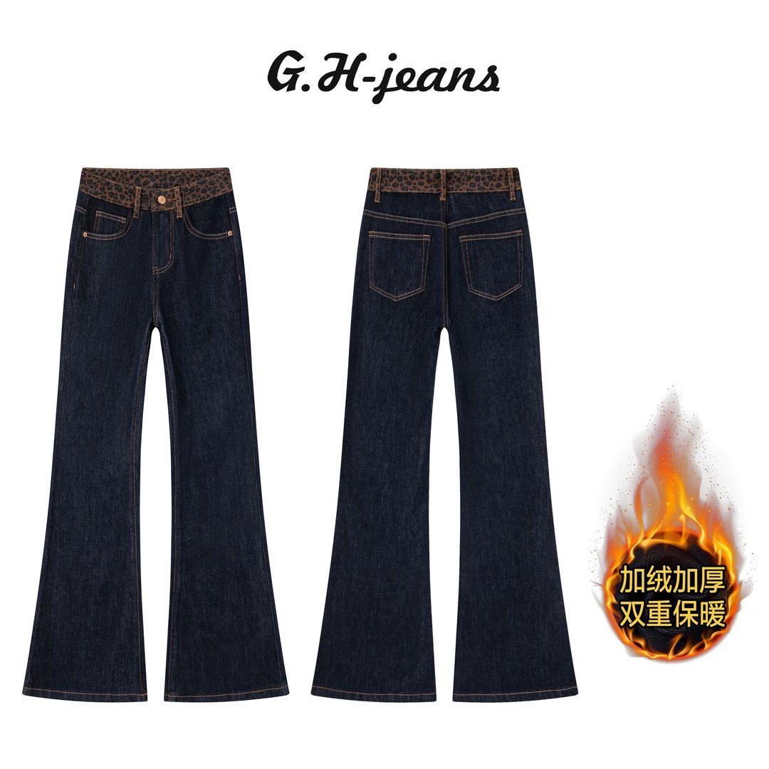 冬季新款黑金丹宁豹纹腰头防褪色加绒显瘦百搭中高腰微喇牛仔裤女