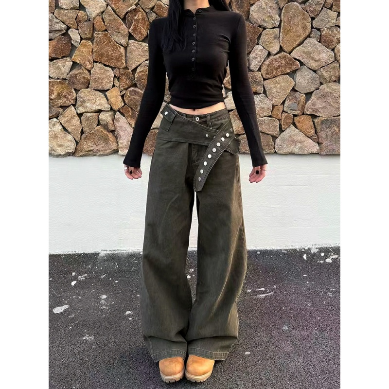 美式设计感解构屁帘工装牛仔裤女秋冬新款小众高街宽松直筒阔腿裤