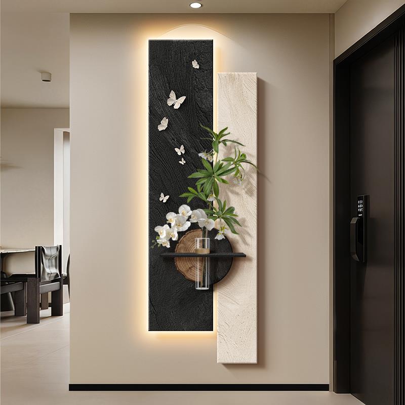 中古风蝴蝶玄关装饰画高级感水培绿植走廊过道挂画黑白入户门壁画