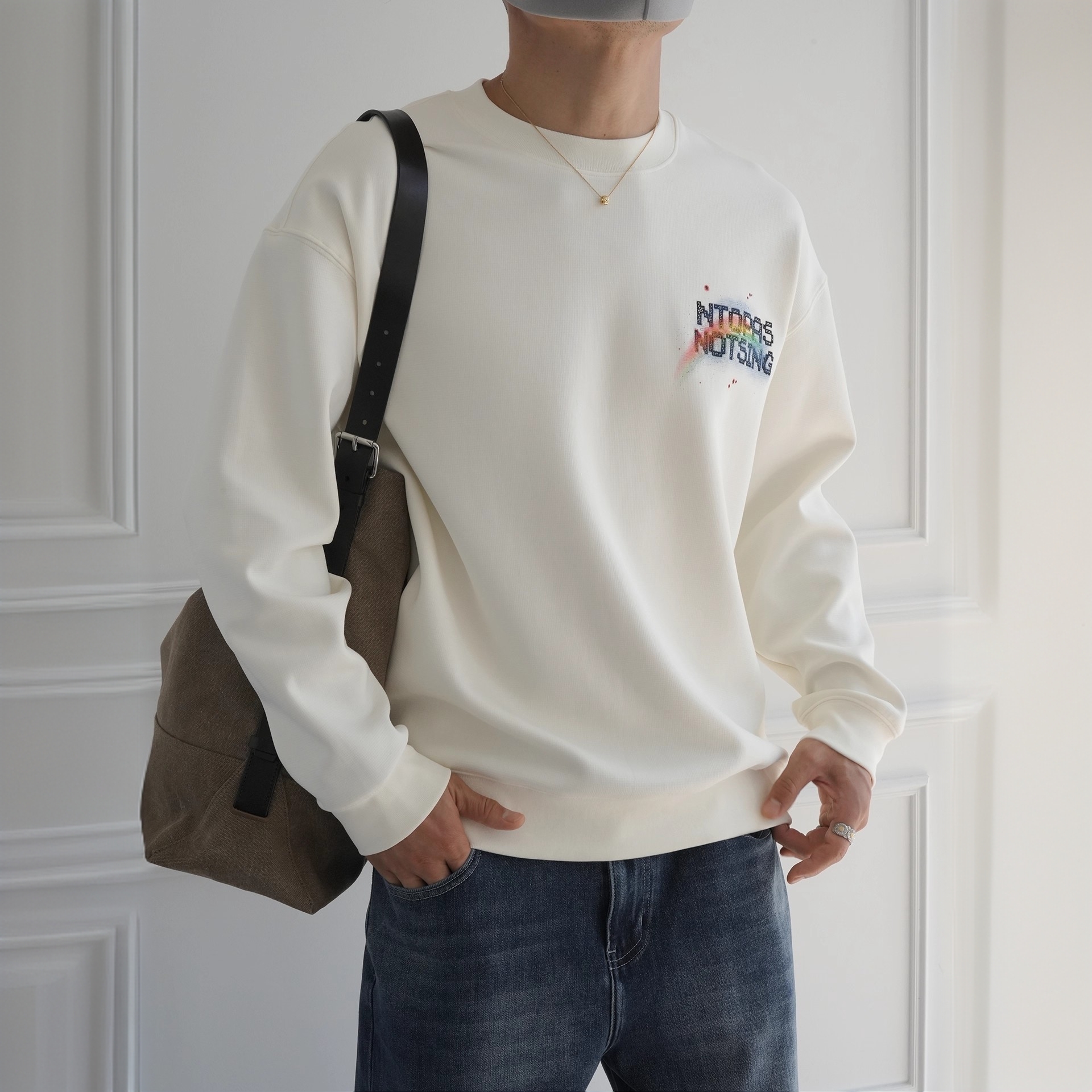 美式休闲彩虹字母刺绣印花圆领卫衣男士早秋新款潮牌宽松百搭上衣