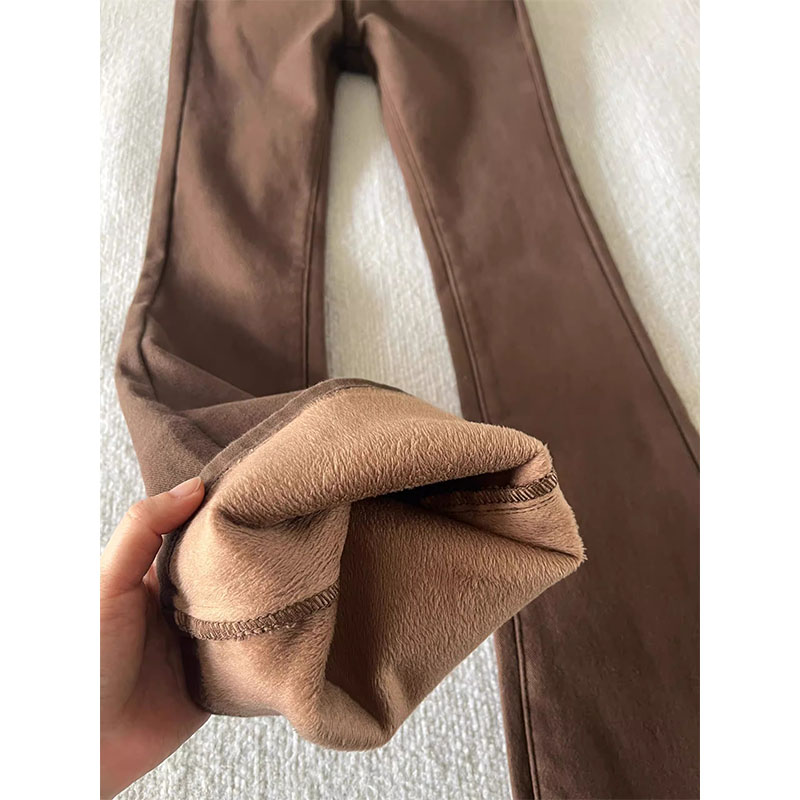 咖啡色加绒加厚微喇叭牛仔裤女秋冬新款高腰弹力显瘦小个子马蹄裤