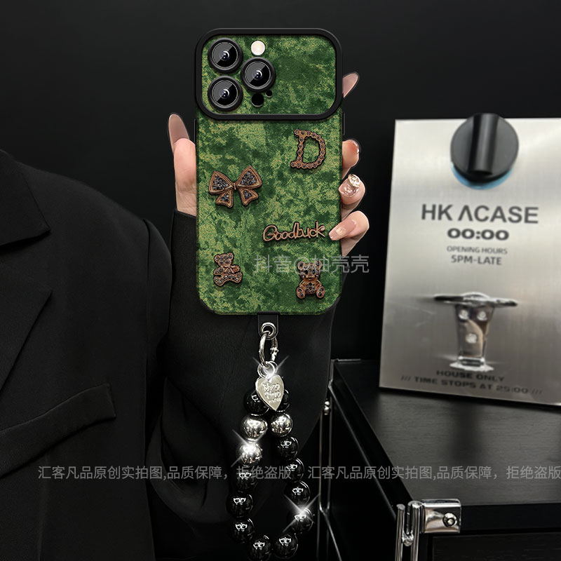 适用【苹果/oppo/华为/vivo/小米】大视窗绿丝绸小熊蝴蝶网红手机壳