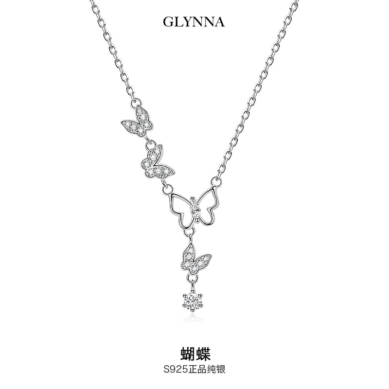 坠链均925银合成锆石 爆款纯银蝴蝶项链女生轻奢小众高级感秋冬锁