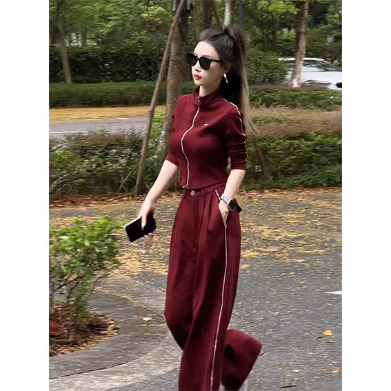 网红运动休闲套装女春秋显瘦减龄炸街高级感开衫卫衣阔腿裤两件套
