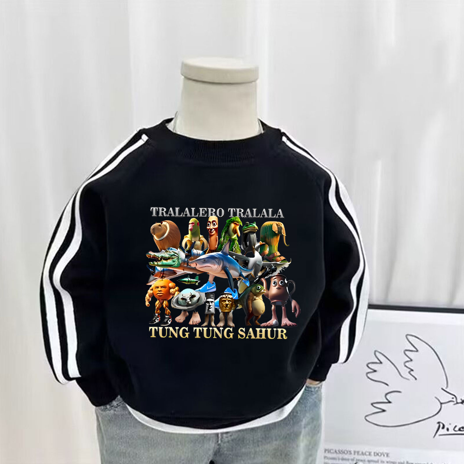 外国山海经秋冬纯棉长袖2025潮款潮酷痞帅童装儿童服装三条杠T恤