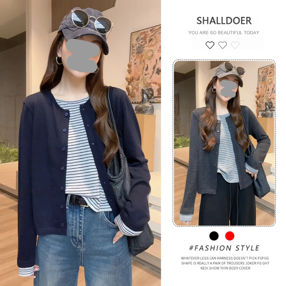 韩版通勤假两件条纹长袖针织衫女2025年春秋新款宽松显瘦开衫上衣