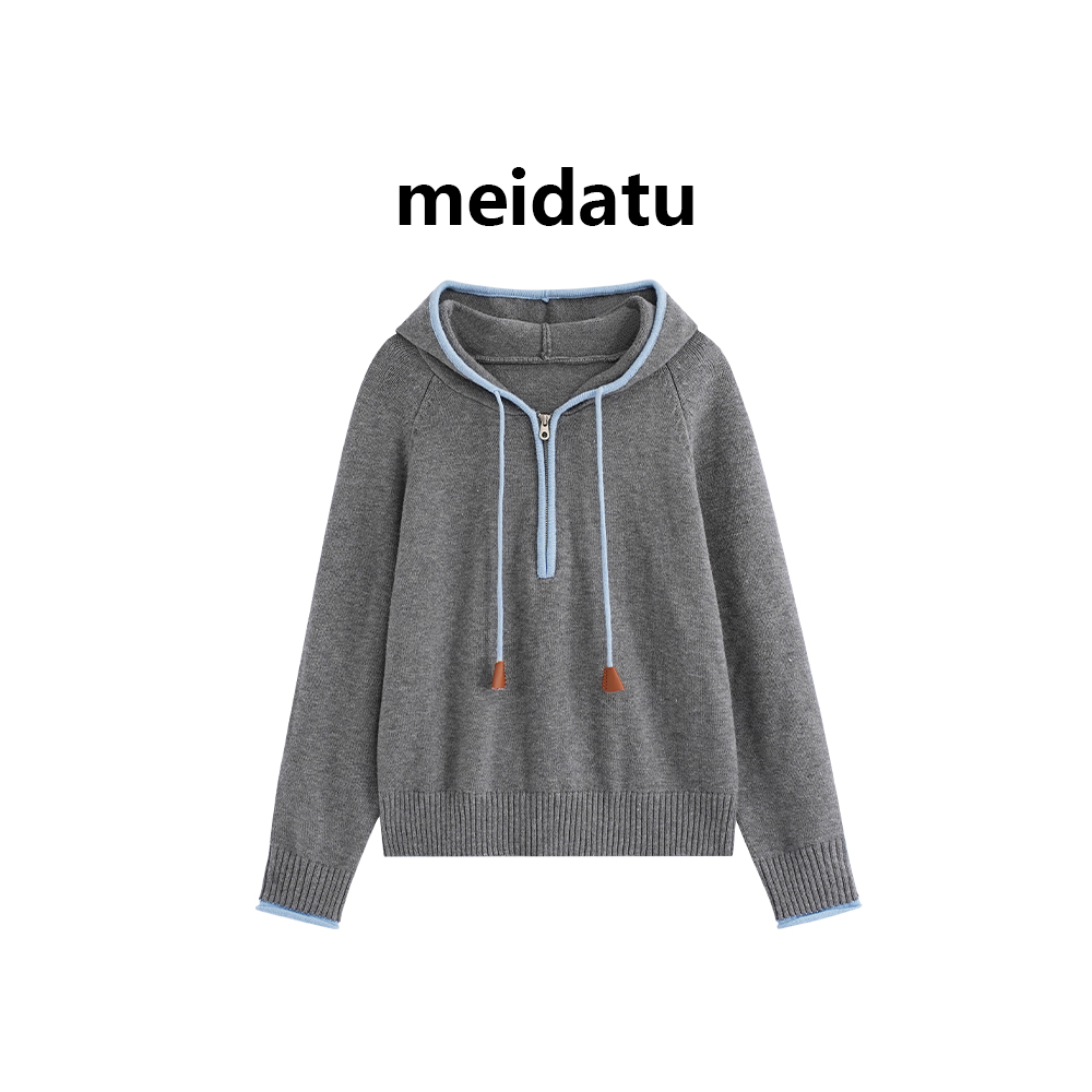 美哒兔（绒焙锁湿）冬季减龄撞色半拉链连帽针织毛衣cm1088-5