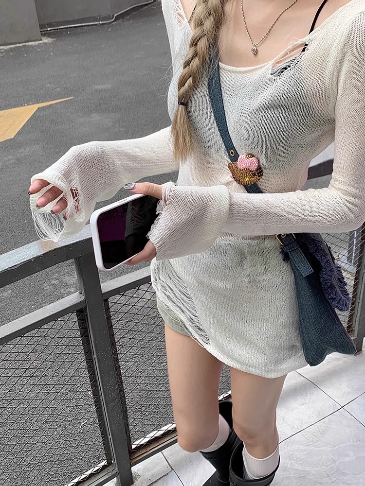 长袖破洞镂空针织衫女春季不规则薄款毛衣防晒罩衫设计感修身上衣