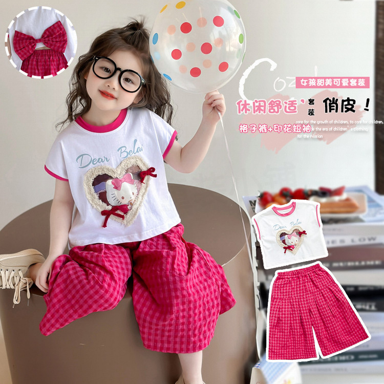 2025新款女童套装夏装儿童卡通爱心猫咪短袖T恤甜美格子裤两件套