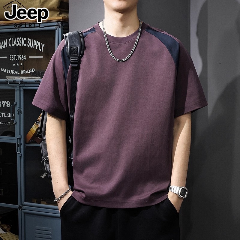 吉普复古重磅撞色短袖男夏季新款拼接落肩半袖休闲宽松圆领体恤潮