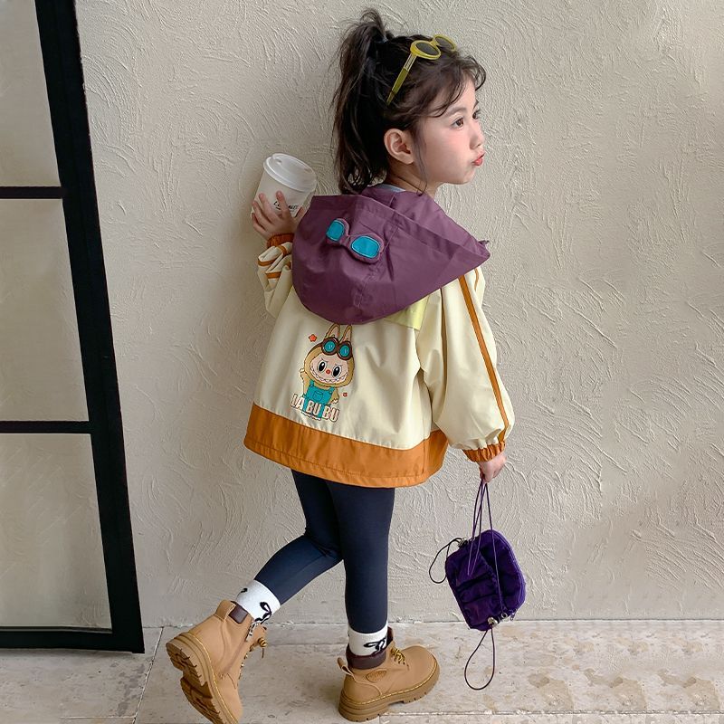 女童秋装拉布布外套新款洋气儿童休闲韩版拼色卡通连帽冲锋衣