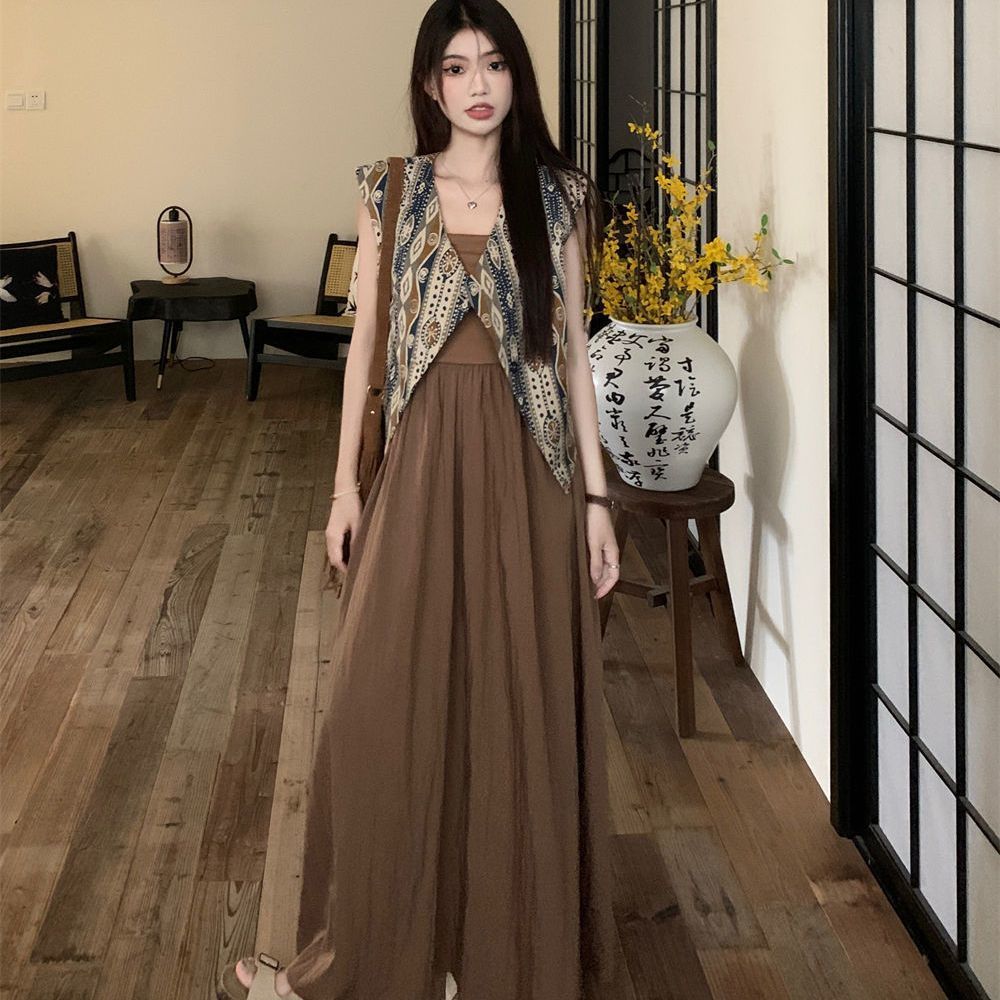 波西米亚风夏季套装裙女小众马甲吊带连衣裙两件套时尚设计感气质