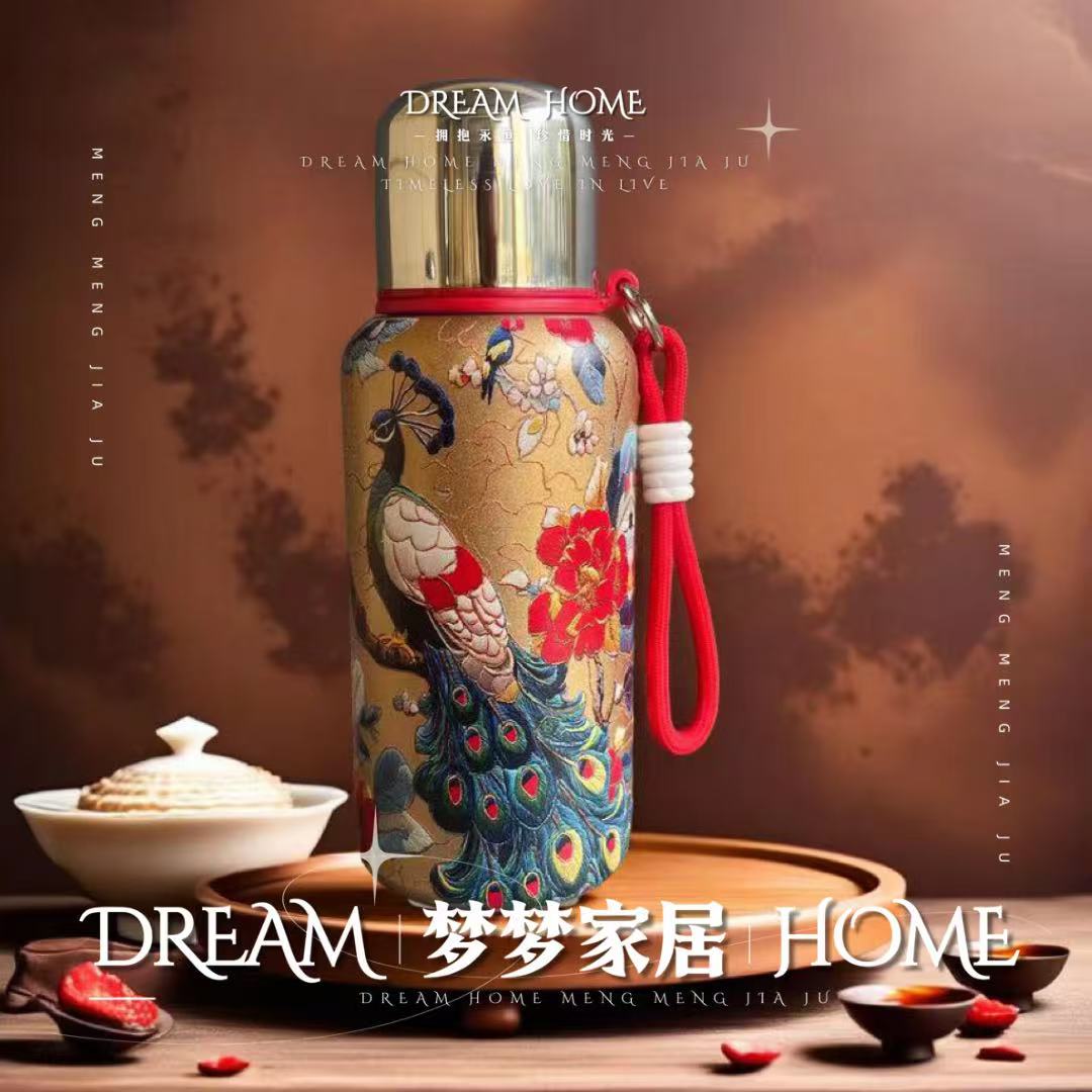 高颜值国风复古孔雀保温杯不锈钢双层真空水杯子