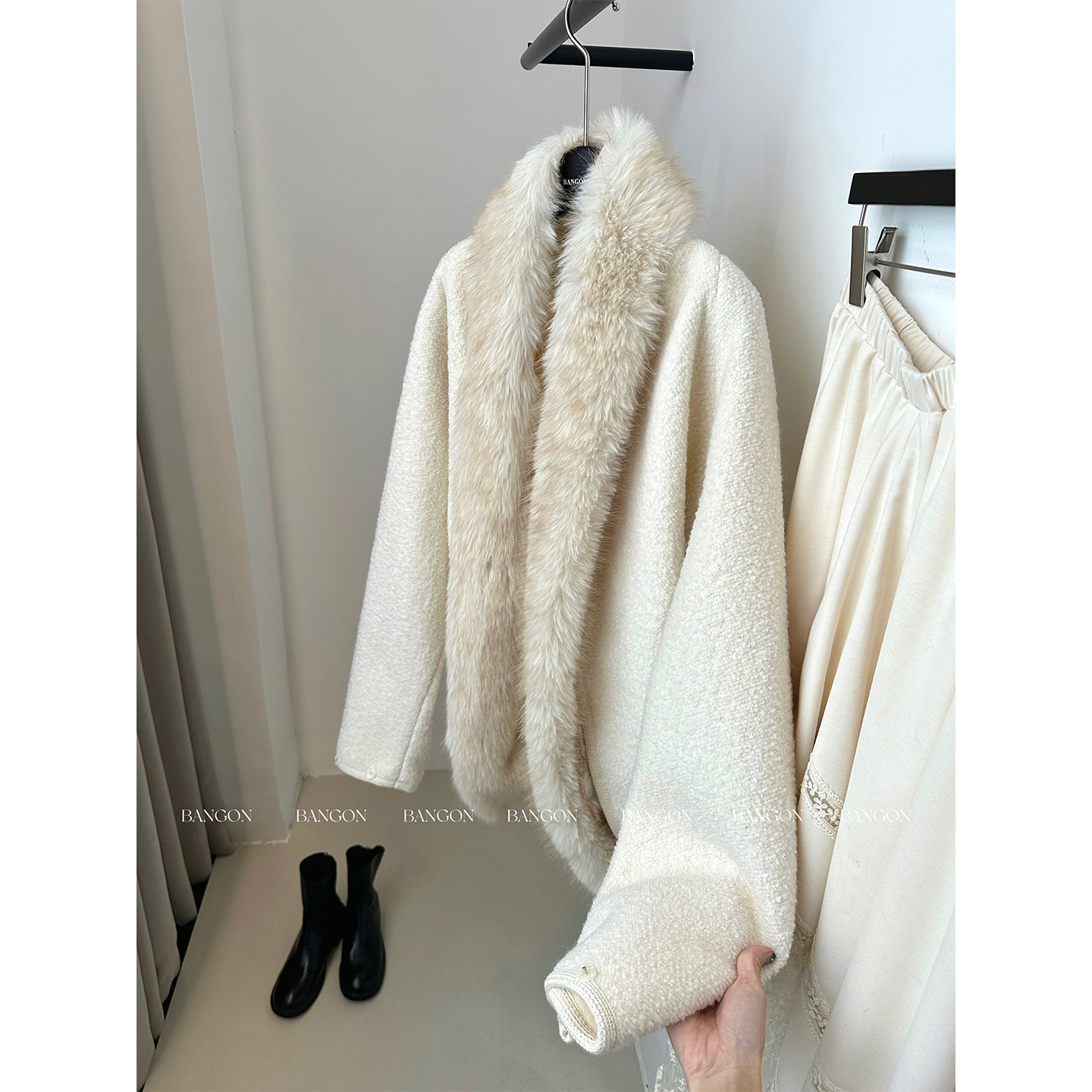 BANGON 毛领毛呢外套休闲百搭名媛气质2025年冬季新款慵懒风开衫