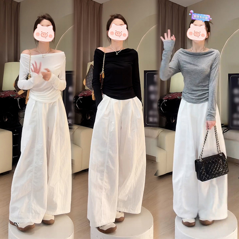 入秋一整套穿搭套装女2025新纯欲风斜领露肩长袖T恤+阔腿裤两件套