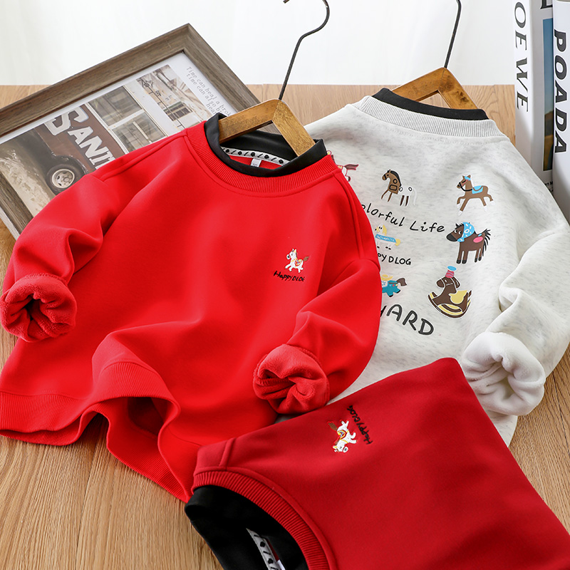 男女童本命年加绒年服2025冬季新款假两件小马刺绣百搭卫衣中大童