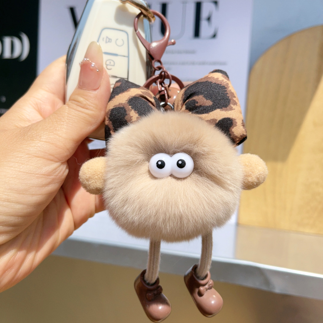 可爱真獭兔毛豹纹蝴蝶结小煤球包包挂件毛绒车钥匙扣挂饰闺蜜礼物