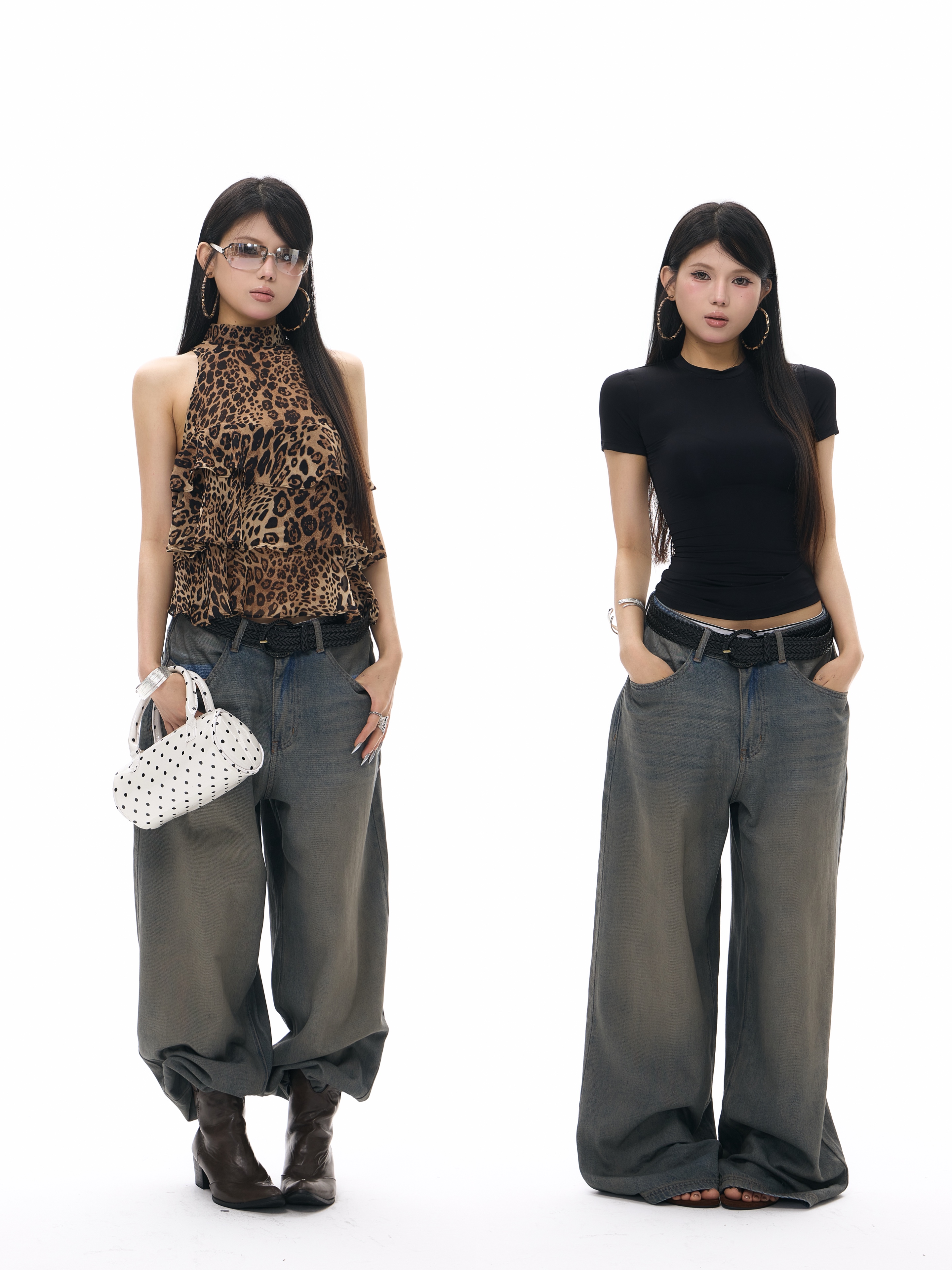 设计感低腰水洗做旧复古宽松烫钻重工牛仔裤长裤