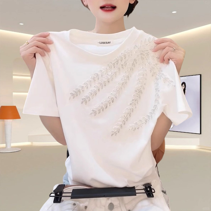 重工刺绣白色t恤女式纯棉短袖夏季新款休闲纯欲慵懒风女装上衣ins