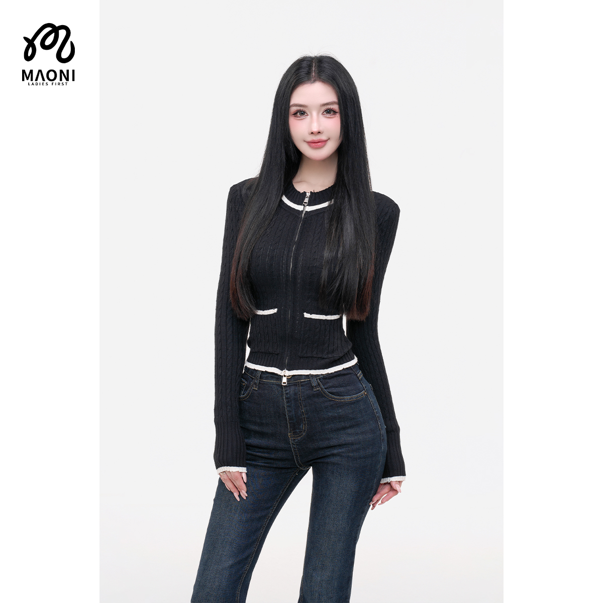 毛妮LADIESFIRST【彩虹漾边】小香风撞色设计感麻花针织开衫L2509