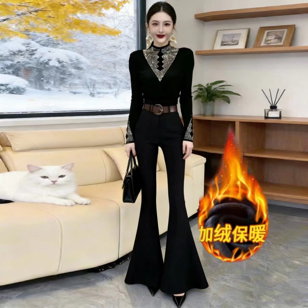 网红时尚女黑色加绒T恤小衫半高领长袖烫钻百搭打底衫上衣888#