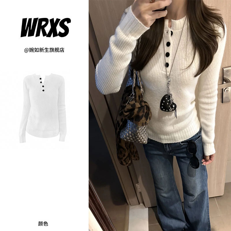 【婉如新生】美式辣妹亨利领长袖针织衫白色内搭毛衣修身显瘦上衣