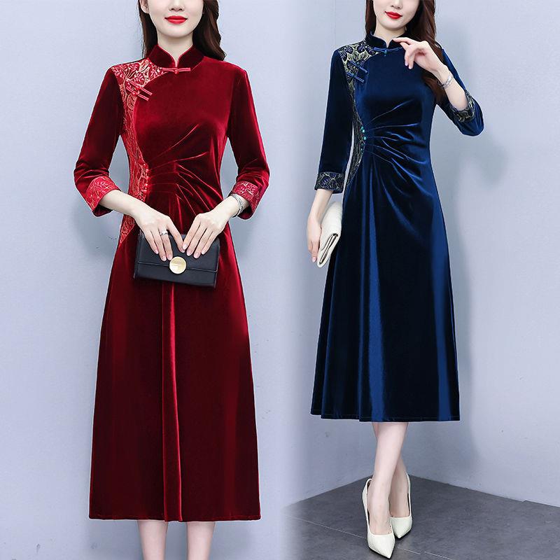胖女人复古改良旗袍连气裙秋季大码优雅气质宽松遮肚丝绒裙子
