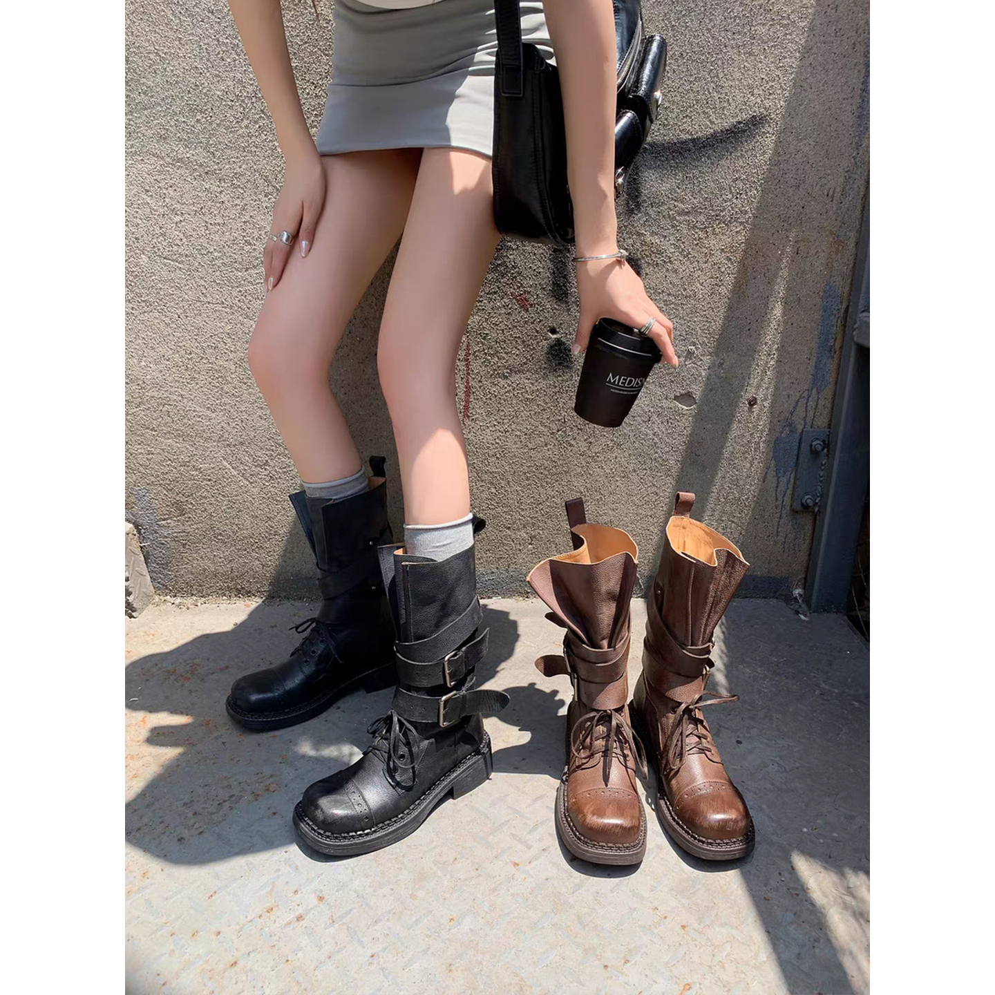 牛皮版~复古骑士靴女2025冬季擦色皮带扣中筒西部牛仔靴机车靴潮